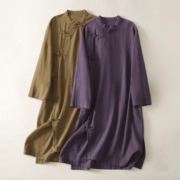 Vestido midi de lino y algodón de manga larga con diseño asimétrico, botones de rana y estilo vintage de Buddha Stones - image 0