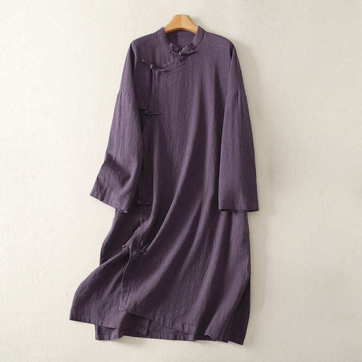 Vestido midi de lino y algodón de manga larga con diseño asimétrico, botones de rana y estilo vintage de Buddha Stones - Púrpura - US12, UK/AU16, EU44 (2XL) - image 6