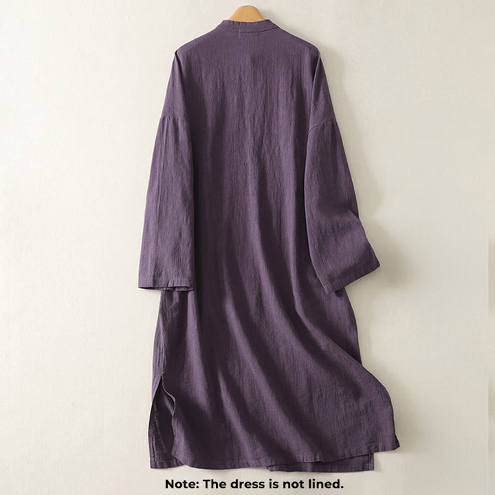 Vestido midi de lino y algodón de manga larga con diseño asimétrico, botones de rana y estilo vintage de Buddha Stones - image 7