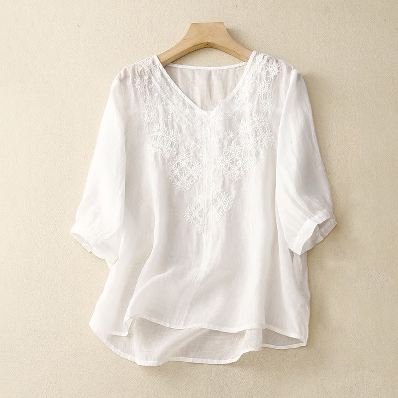 Camisa de manga corta para mujer con cuello en V y bordado de líneas de Buddha Stones - Blanco - US12, UK/AU16, EU44 (2XL) - image 15
