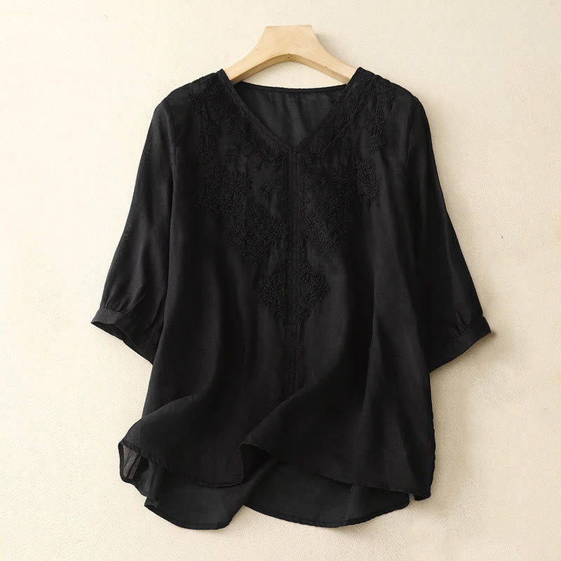 Camisa de manga corta para mujer con cuello en V y bordado de líneas de Buddha Stones - Negro - US12, UK/AU16, EU44 (2XL) - image 11