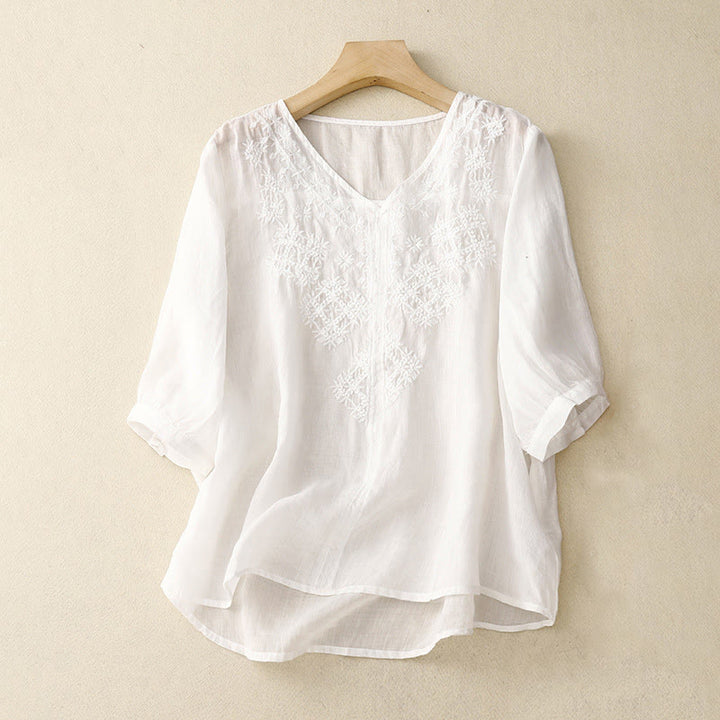 Camisa de mujer de media manga con cuello en V y bordado de líneas de Buddha Stones - Blanco - US12, UK/AU16, EU44 (2XL) - image 16