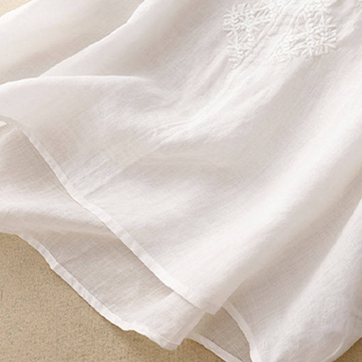 Camisa de manga corta para mujer con cuello en V y bordado de líneas de Buddha Stones - image 17