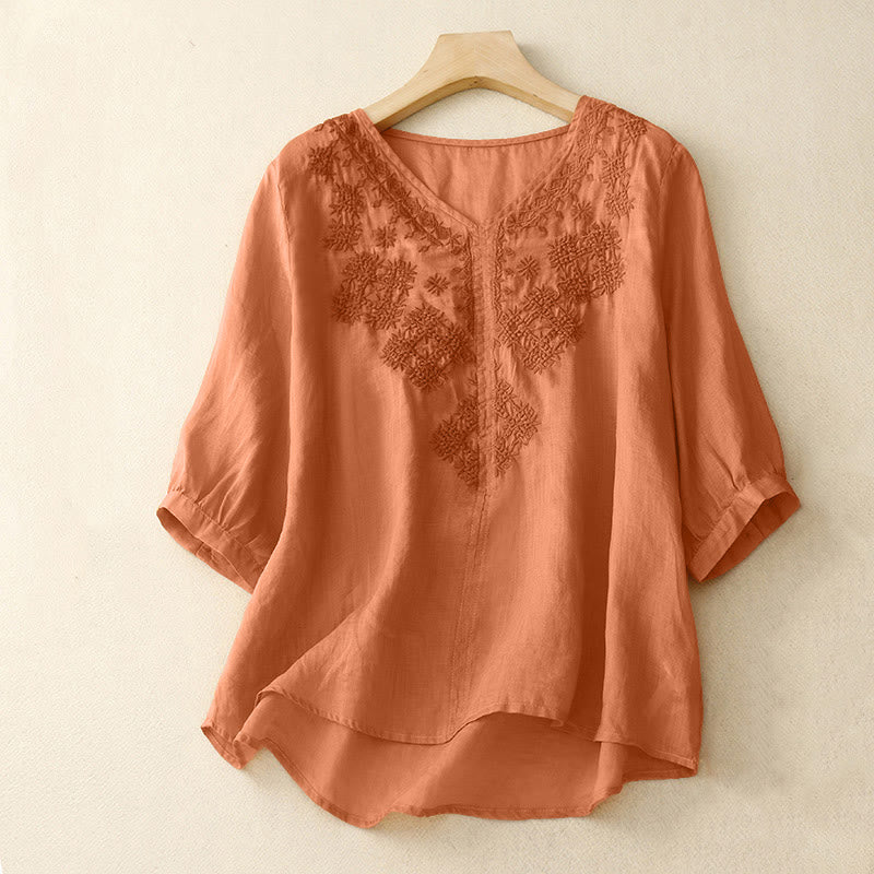 Camisa de manga corta para mujer con cuello en V y bordado de líneas de Buddha Stones - Sandy Brown - US12, UK/AU16, EU44 (2XL) - image 5