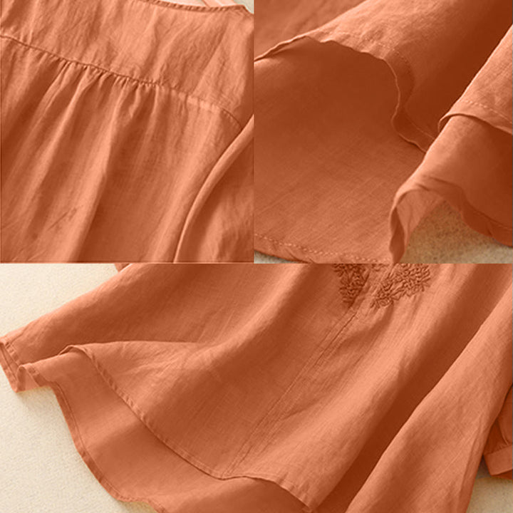 Camisa de manga corta para mujer con cuello en V y bordado de líneas de Buddha Stones - image 7