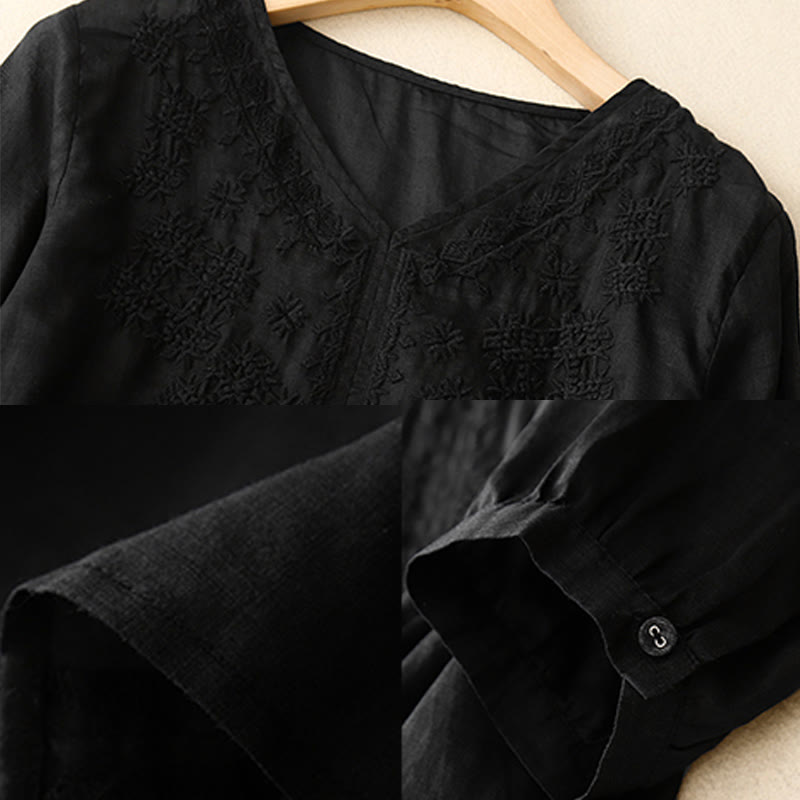 Camisa de manga corta para mujer con cuello en V y bordado de líneas de Buddha Stones - image 12