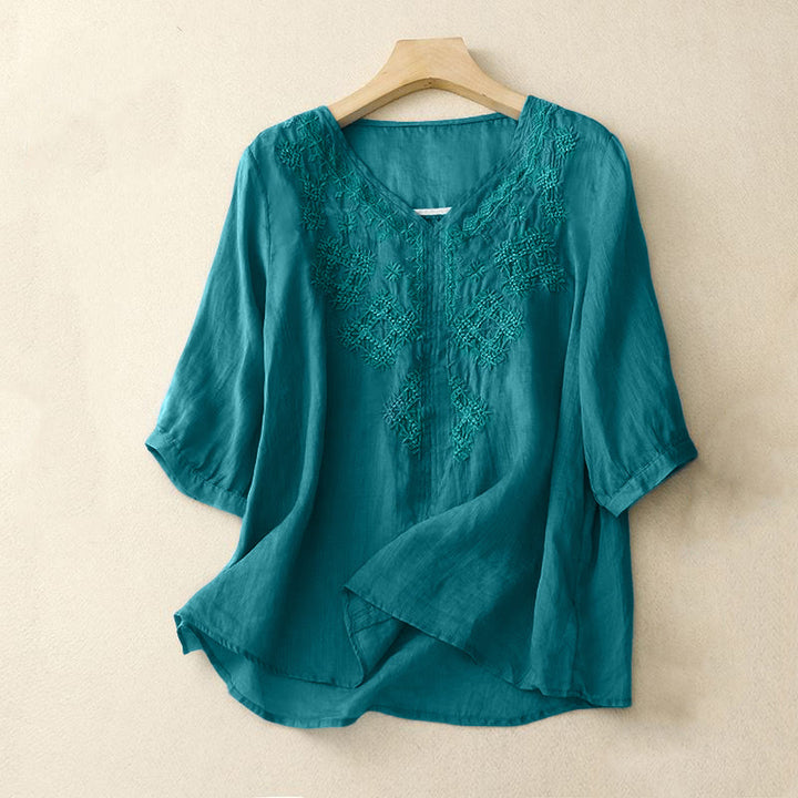 Camisa de manga corta para mujer con cuello en V y bordado de líneas de Buddha Stones - Turquesa oscuro - US12, UK/AU16, EU44 (2XL) - image 0