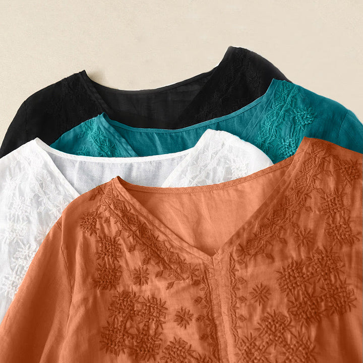 Camisa de manga corta para mujer con cuello en V y bordado de líneas de Buddha Stones - image 20