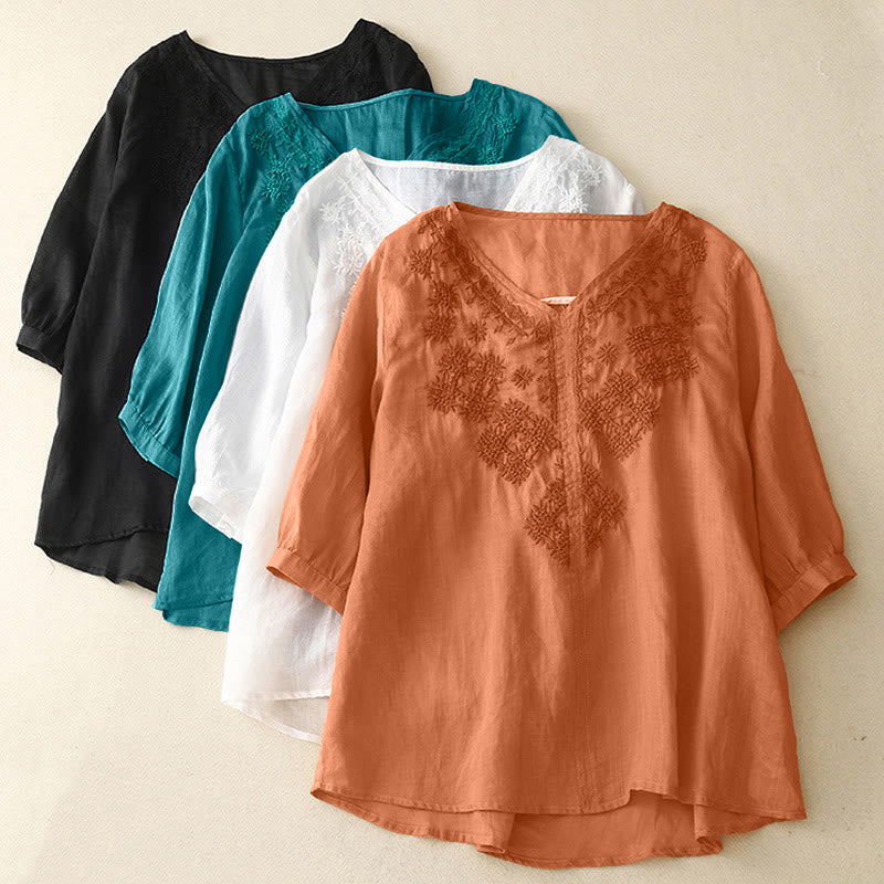 Camisa de manga corta para mujer con cuello en V y bordado de líneas de Buddha Stones - image 19