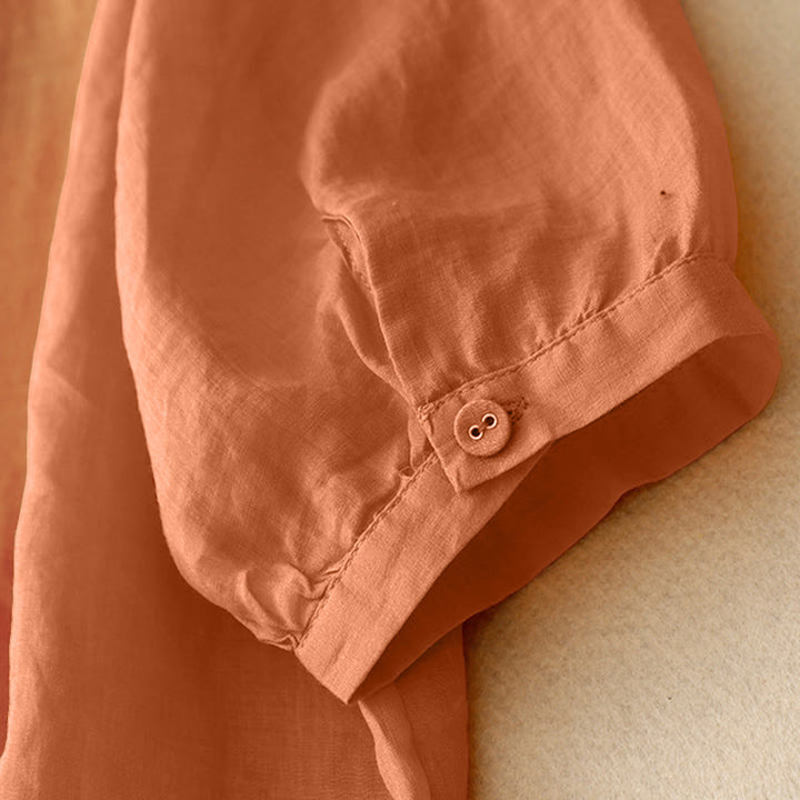 Camisa de manga corta para mujer con cuello en V y bordado de líneas de Buddha Stones - image 8