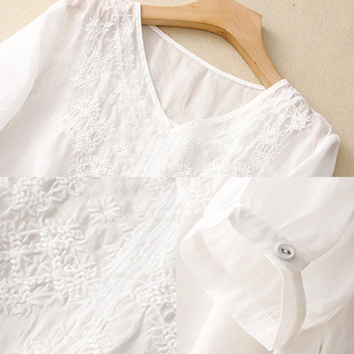 Camisa de manga corta para mujer con cuello en V y bordado de líneas de Buddha Stones - image 16