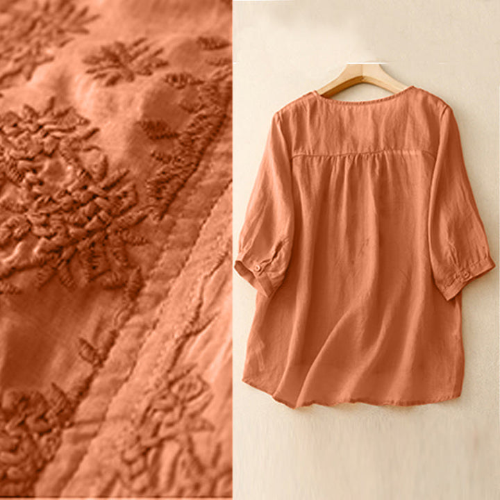 Camisa de manga corta para mujer con cuello en V y bordado de líneas de Buddha Stones - image 9