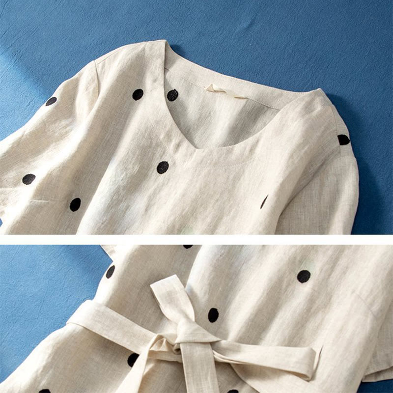 Vestido midi informal de Buddha Stones y algodón con estampado de lunares y mangas cortas, con cordones y bolsillos para mujer - image 8