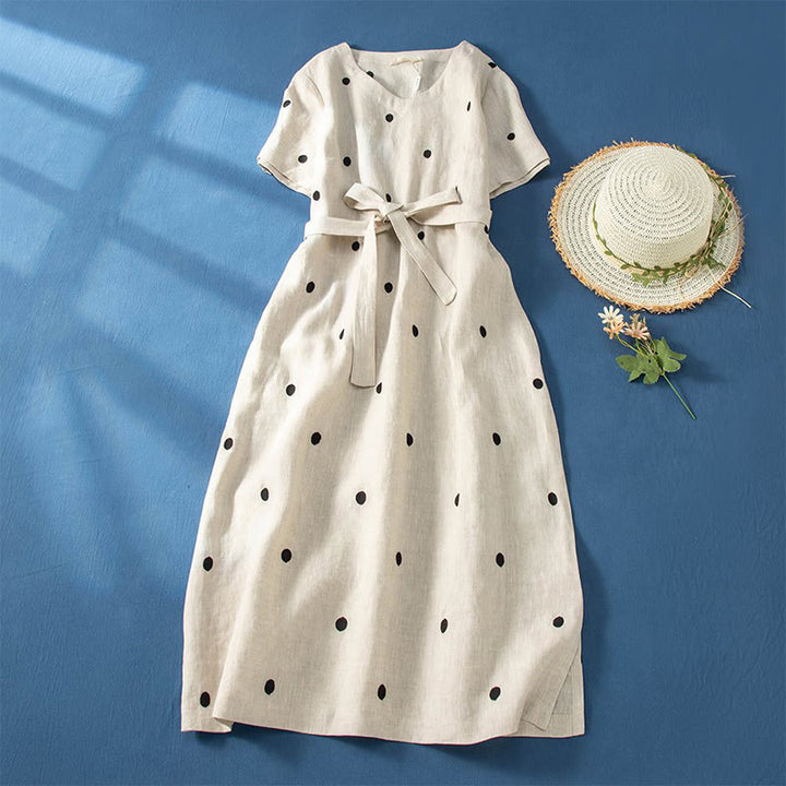 Vestido midi de mujer con estampado de puntos de Buddha Stones, manga corta, cordones y bolsillos. - Beige - US8-10，UK/AU12-14，EU40-42 (2XL) - image 5