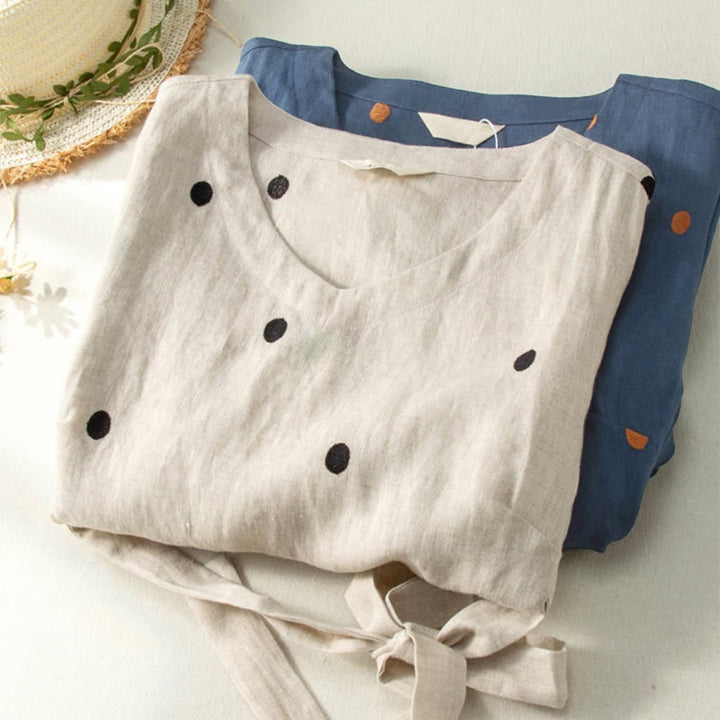 Vestido midi informal de Buddha Stones y algodón con estampado de lunares y mangas cortas, con cordones y bolsillos para mujer - image 11