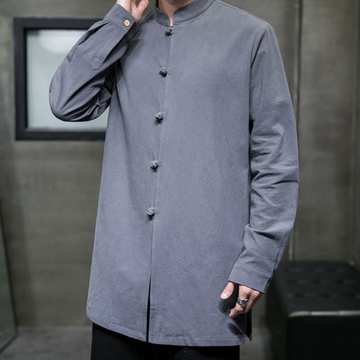 Camisa de manga larga de algodón para hombre, traje Tang simple con botones de rana y Buddha Stones - image 4