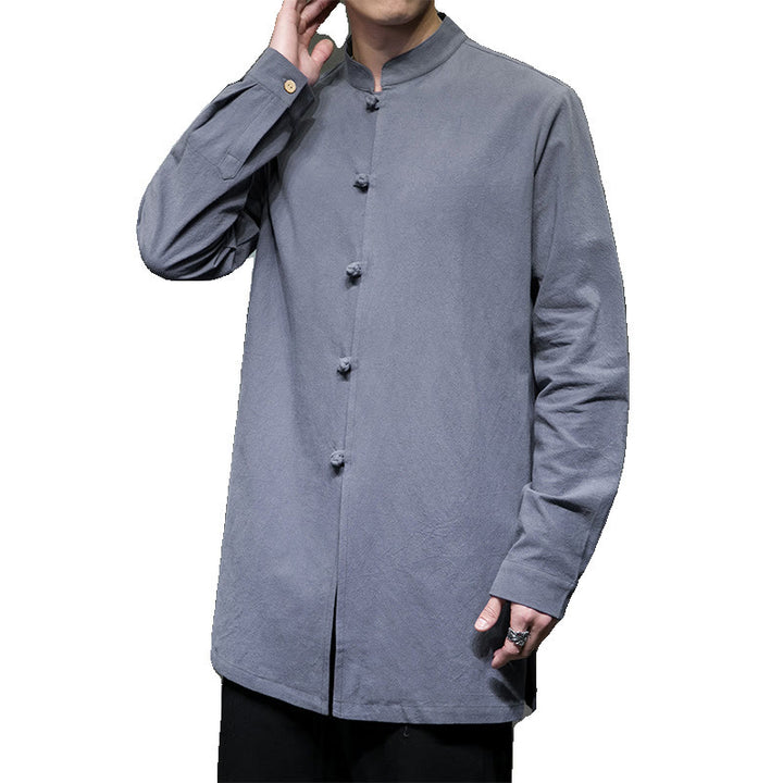 Camisa de manga larga de algodón para hombre, traje Tang simple con botones de rana y Buddha Stones - image 10