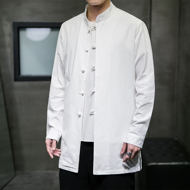 Camisa de manga larga de algodón para hombre, traje Tang simple con botones de rana y Buddha Stones - Blanco - US/UK/AU46, EU56 (5XL) - image 11