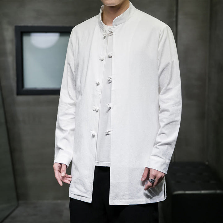 Camisa de manga larga de algodón para hombre, traje Tang simple con botones de rana y Buddha Stones - Blanco - US/UK/AU46, EU56 (5XL) - image 11