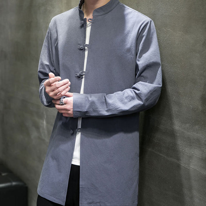 Camisa de manga larga de algodón para hombre, traje Tang simple con botones de rana y Buddha Stones - image 9