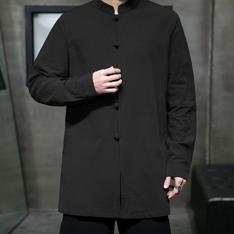 Camisa de manga larga de algodón para hombre, traje Tang simple con botones de rana y Buddha Stones - image 25