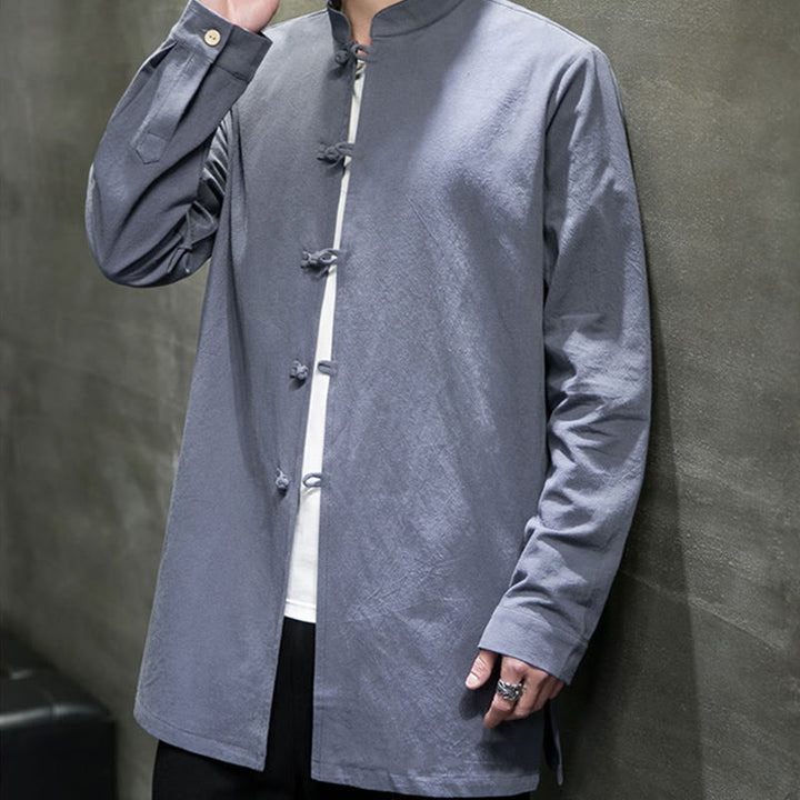 Camisa de manga larga de algodón para hombre, traje Tang simple con botones de rana y Buddha Stones - image 7