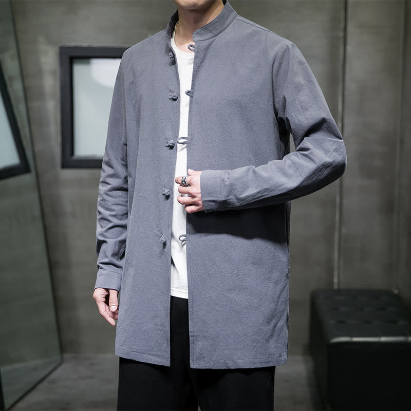 Camisa de manga larga de algodón para hombre, traje Tang simple con botones de rana y Buddha Stones - Azul acero claro - US/UK/AU46, EU56 (5XL) - image 0