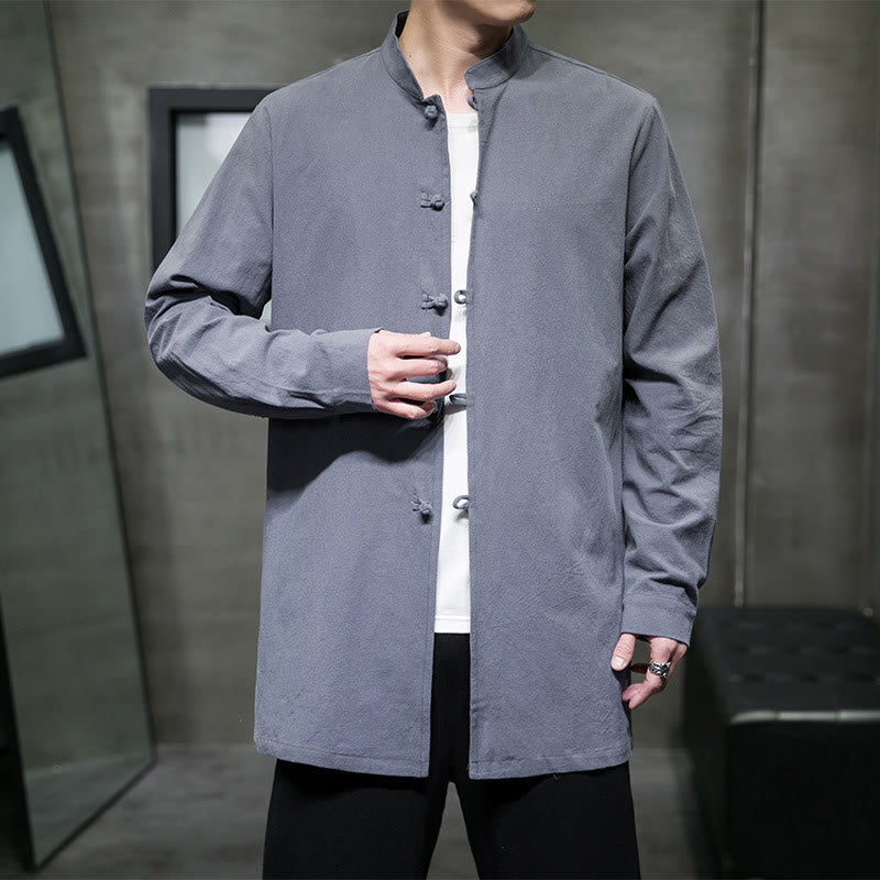 Camisa de manga larga de algodón para hombre, traje Tang simple con botones de rana y Buddha Stones - image 1