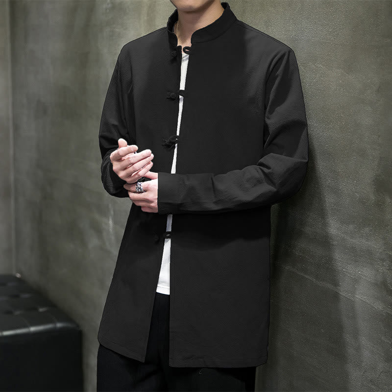 Camisa de manga larga de algodón para hombre, traje Tang simple con botones de rana y Buddha Stones - Negro - US/UK/AU46, EU56 (5XL) - image 23