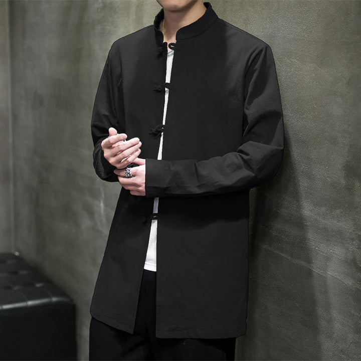 Camisa de manga larga de algodón para hombre, traje Tang simple con botones de rana y Buddha Stones - Negro - US/UK/AU46, EU56 (5XL) - image 23