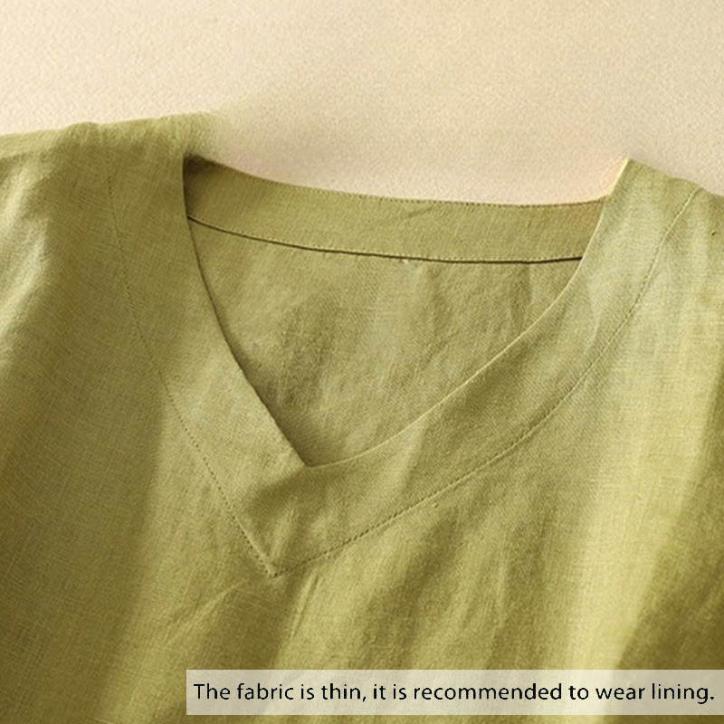 Camiseta de manga corta con cuello en V, diseño casual de poliéster liso, con Buddha Stones, para mujer. - image 1
