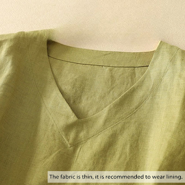 Camiseta de manga corta con cuello en V, diseño casual de poliéster liso, con Buddha Stones, para mujer. - image 1