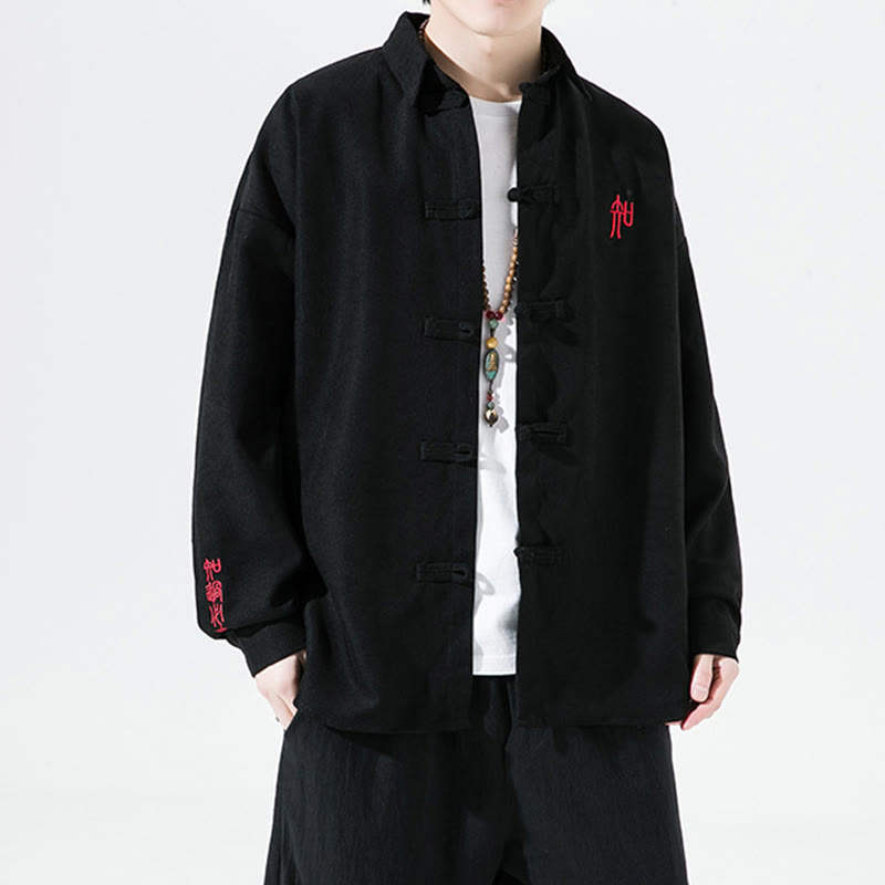 Camisa de manga larga de algodón para hombre con diseño de rana y botones chinos bordados con Buddha Stones - Negro - US/UK/AU46, EU56 (5XL) - image 0