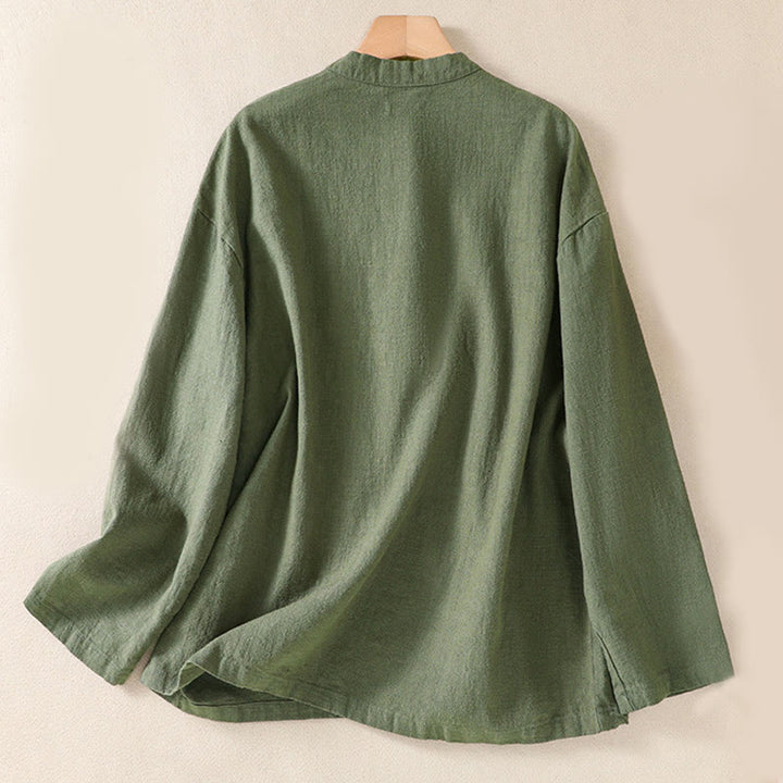 Camisa de manga larga para mujer con cuello redondo, botones y bolsillos, con estampado de Buddha Stones. - image 1