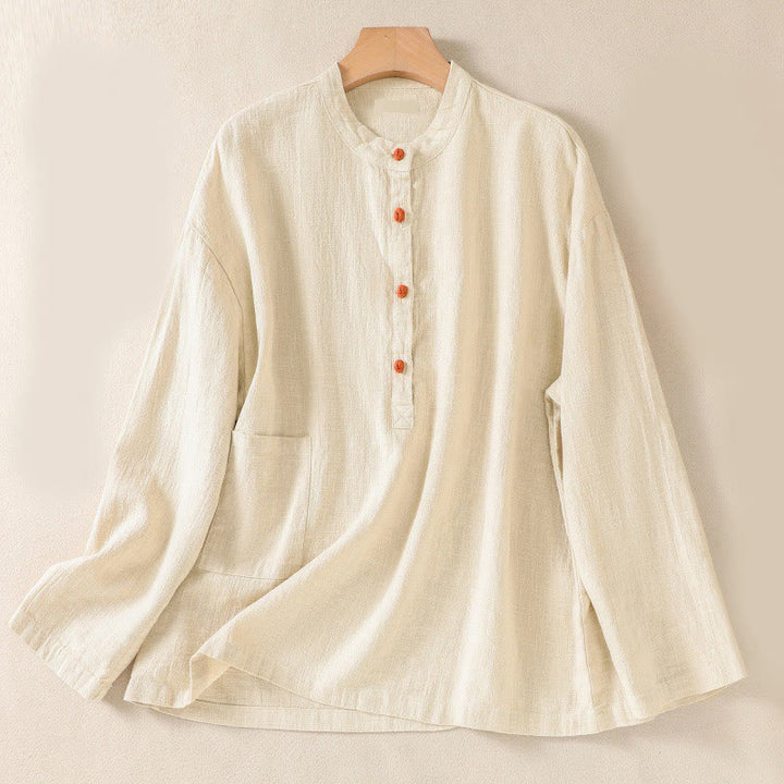 Camisa de manga larga para mujer con cuello redondo, botones y bolsillos, con estampado de Buddha Stones. - seda de maíz - US8-10，UK/AU12-14，EU40-42 (2XL) - image 16