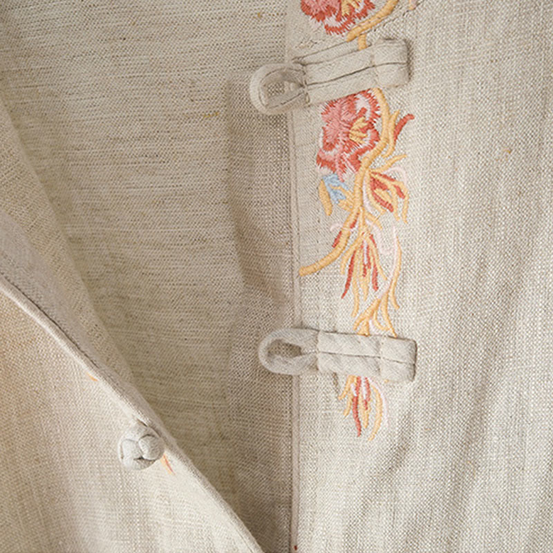 Camisa de algodón para mujer con manga larga, botones de rana y flores bordadas con Buddha Stones - image 7