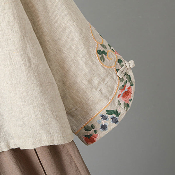 Camisa de algodón para mujer con manga larga, botones de rana y flores bordadas con Buddha Stones - image 3