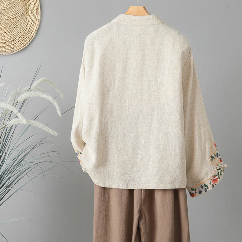 Camisa de algodón para mujer con manga larga, botones de rana y flores bordadas con Buddha Stones - image 1