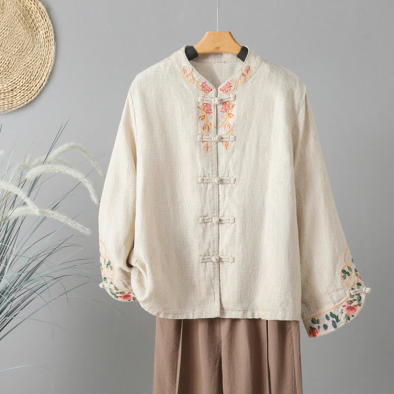 Camisa de algodón para mujer con manga larga, botones de rana y flores bordadas con Buddha Stones - Beige - US12, UK/AU16, EU44 (2XL) - image 0
