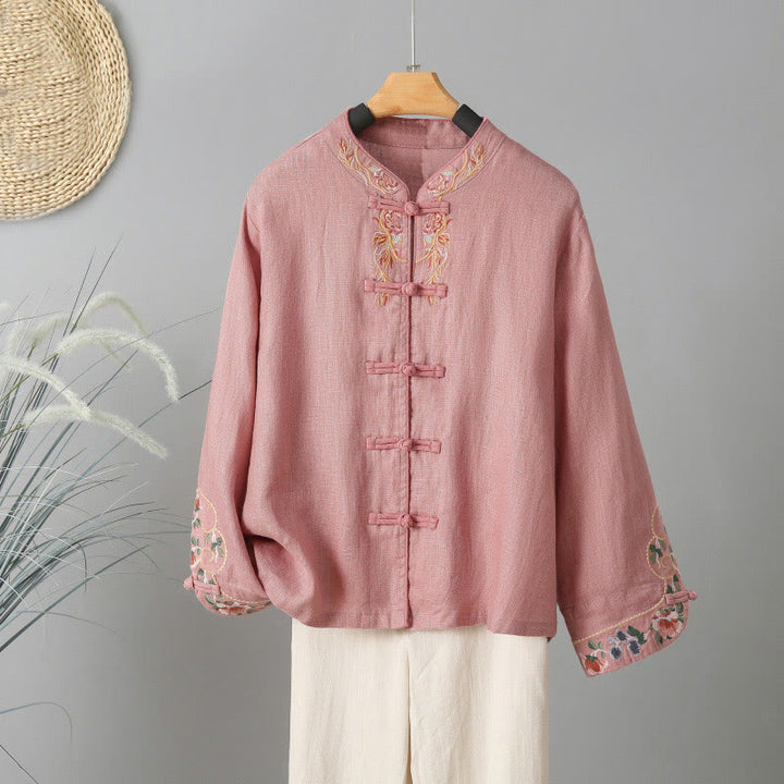 Camisa de algodón para mujer con manga larga, botones de rana y flores bordadas con Buddha Stones - Rosa claro - US12, UK/AU16, EU44 (2XL) - image 9