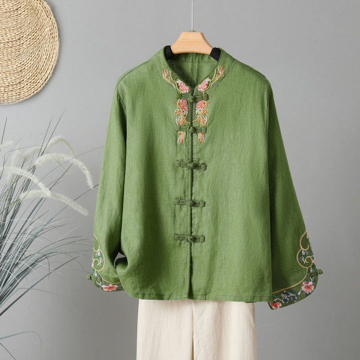 Camisa de algodón para mujer con manga larga, botones de rana y flores bordadas con Buddha Stones - Verde oliva - US12, UK/AU16, EU44 (2XL) - image 12