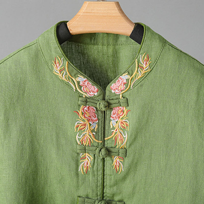 Camisa de algodón para mujer con manga larga, botones de rana y flores bordadas con Buddha Stones - image 14