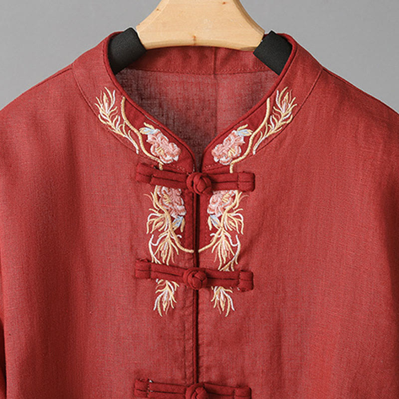 Camisa de algodón para mujer con manga larga, botones de rana y flores bordadas con Buddha Stones - image 17