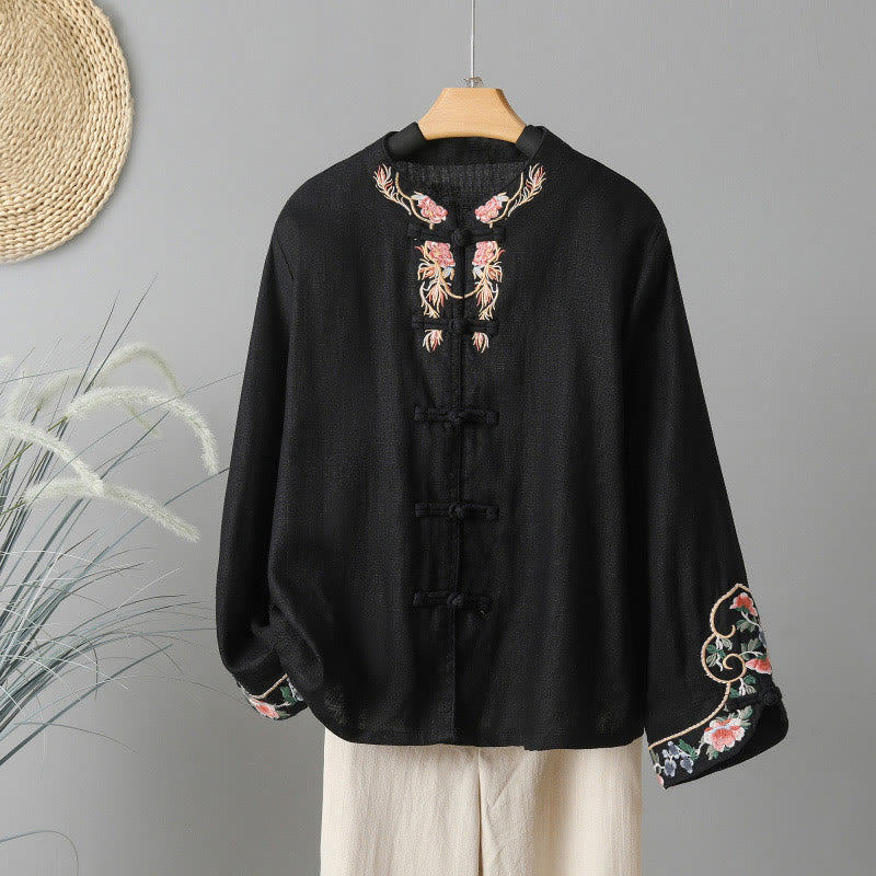 Camisa de algodón para mujer con manga larga, botones de rana y flores bordadas con Buddha Stones - Negro - US12, UK/AU16, EU44 (2XL) - image 18