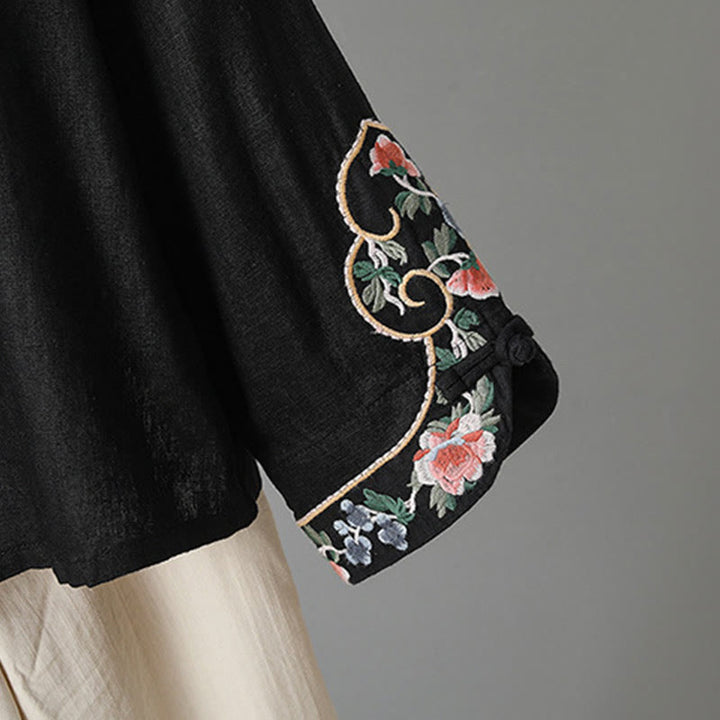 Camisa de algodón para mujer con manga larga, botones de rana y flores bordadas con Buddha Stones - image 21