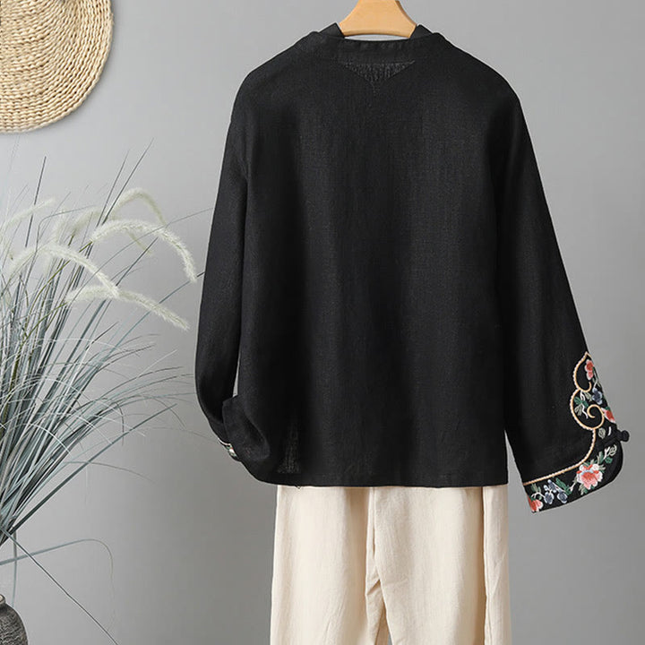 Camisa de algodón para mujer con manga larga, botones de rana y flores bordadas con Buddha Stones - image 19