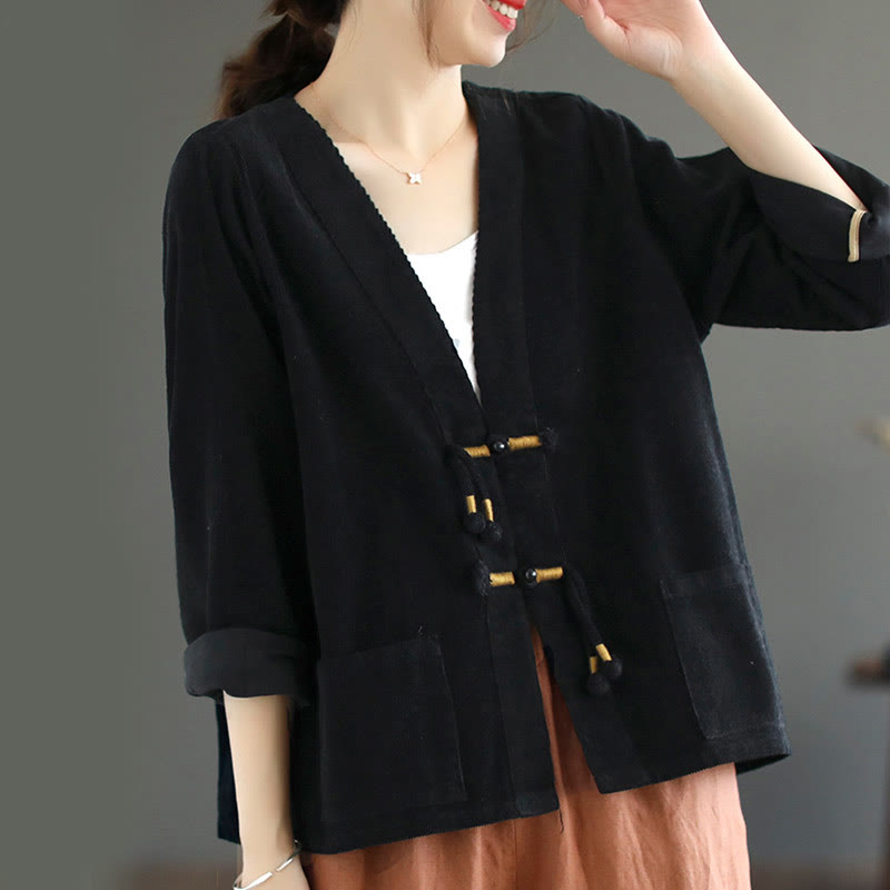 Chaqueta de pana de manga larga de algodón con bolsillos para mujer de Buddha Stones - Negro - US12, UK/AU16, EU44 (2XL) - image 15