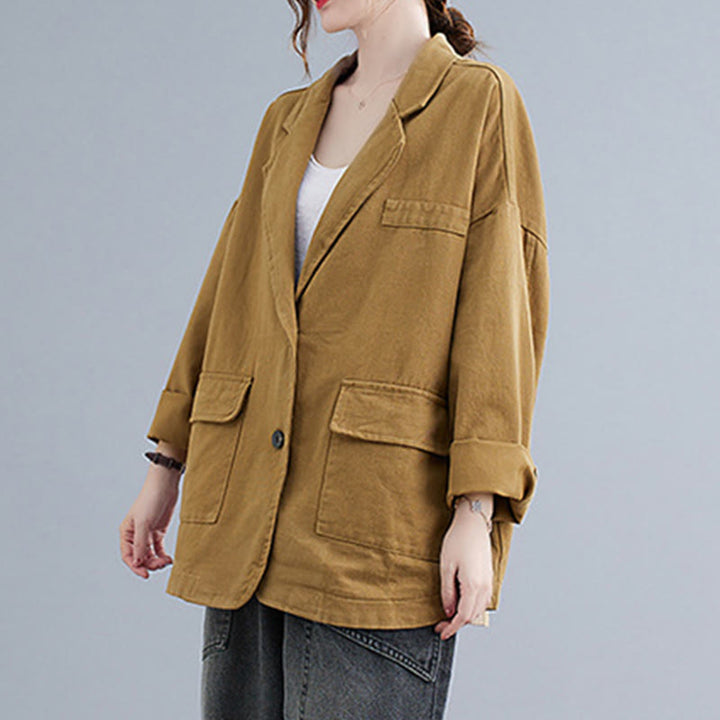 Chaqueta blazer de algodón de manga larga para mujer, color liso, con bolsillos y estampado Buddha Stones - image 1