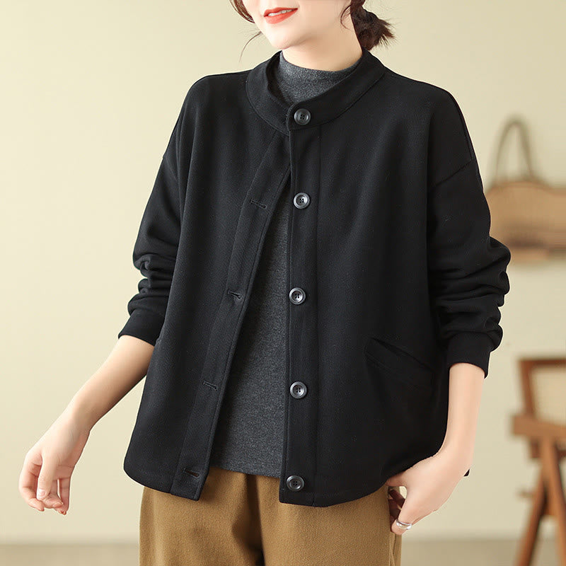 Chaqueta de algodón de manga larga para mujer con bolsillos y diseño de Buddha Stones en color liso - image 4