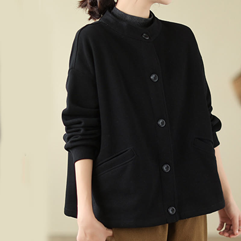 Chaqueta de algodón de manga larga para mujer con bolsillos y diseño de Buddha Stones en color liso - image 3